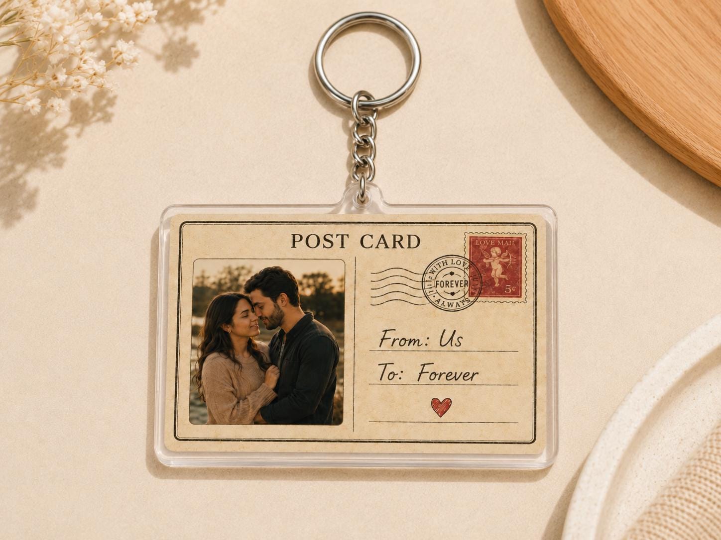 Personalized Photo Postcard Keychain, Custom Couple Gift, Vintage Acrylic Keychain, Anniversary Gift for Him or Her