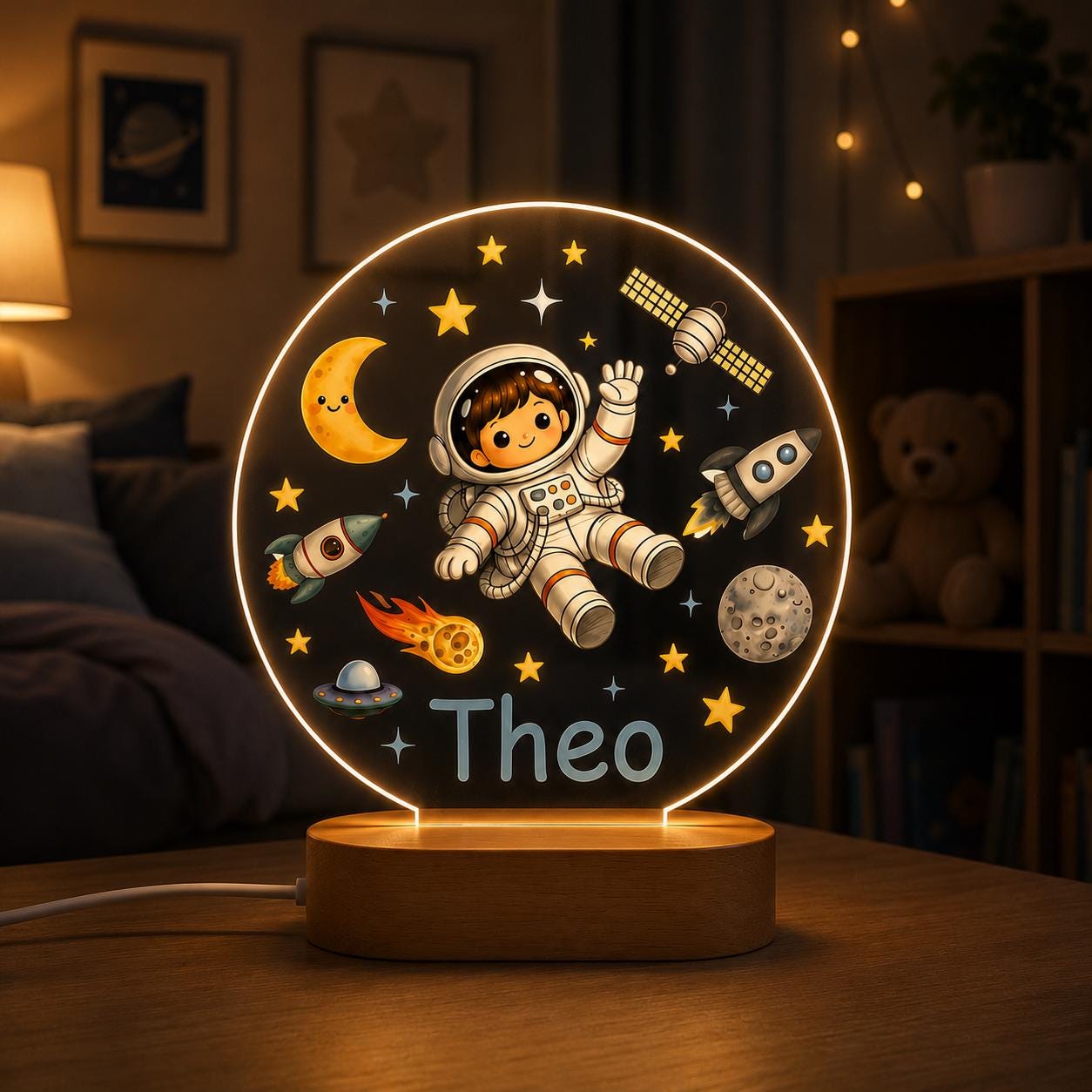Personalized Astronaut Night Light, Custom Space Nursery Lamp, Baby Boy Name Light, Space Theme Decor, Kids Bedroom LED Lamp