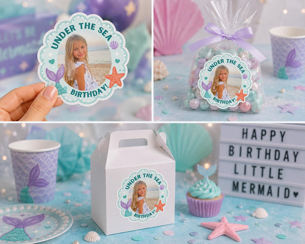 Personalized Mermaid Birthday Stickers, Custom Photo Birthday Stickers, Waterproof Stickers,Personalized Party Favors, Personalized Stickers