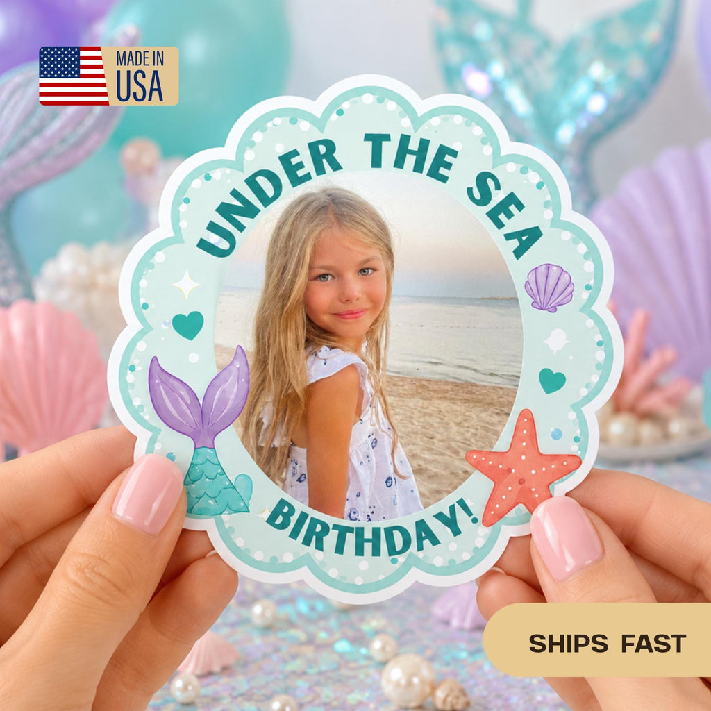 Personalized Mermaid Birthday Stickers, Custom Photo Birthday Stickers, Waterproof Stickers,Personalized Party Favors, Personalized Stickers
