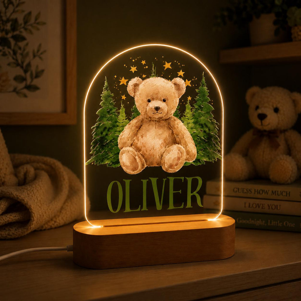 Personalized Teddy Bear Night Light, Custom Woodland Nursery Lamp, Baby Boy Name LED Light, Forest Bear Decor, Baby Shower Gift