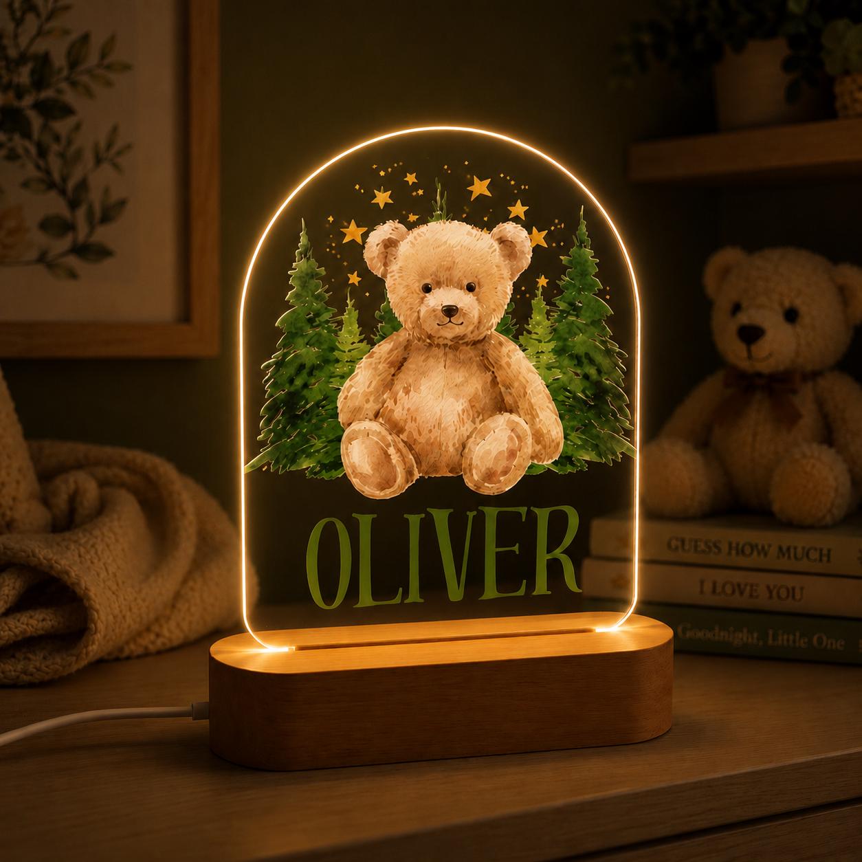 Personalized Teddy Bear Night Light, Custom Woodland Nursery Lamp, Baby Boy Name LED Light, Forest Bear Decor, Baby Shower Gift