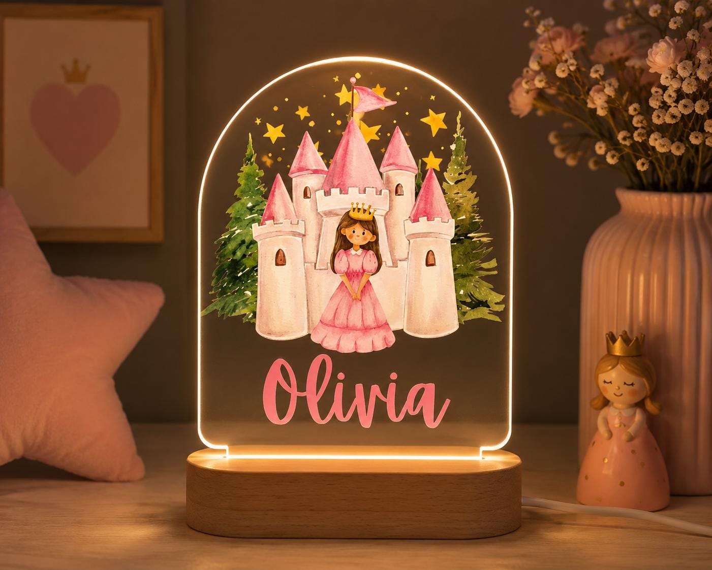 Personalized Princess Night Light, Custom Castle Nursery Lamp, Baby Girl Name LED Light, Pink Bedroom Decor, Princess Gift