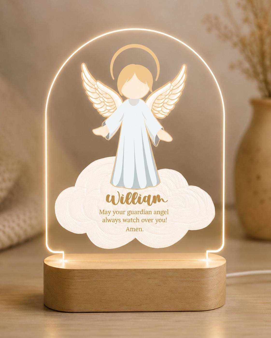 Personalized Guardian Angel Night Light, Custom Name Acrylic Lamp, Christian Baby Gift, Baptism Christening Nursery Decor