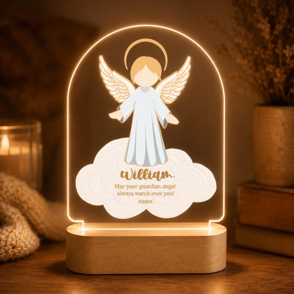 Personalized Guardian Angel Night Light, Custom Name Acrylic Lamp, Christian Baby Gift, Baptism Christening Nursery Decor