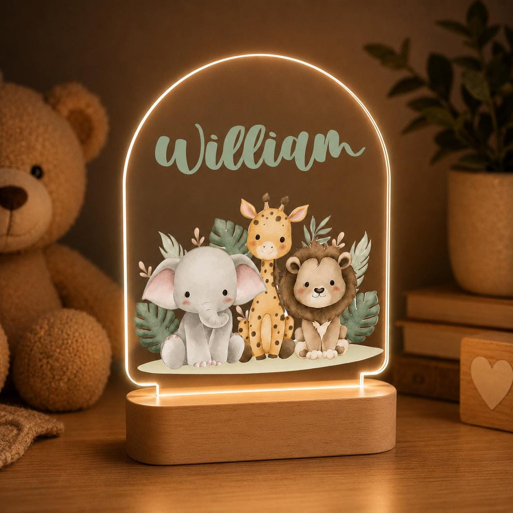 Personalized Safari Night Light, Custom Name Acrylic Lamp, Jungle Nursery Decor, Baby Shower Gift, Kids Room LED Light