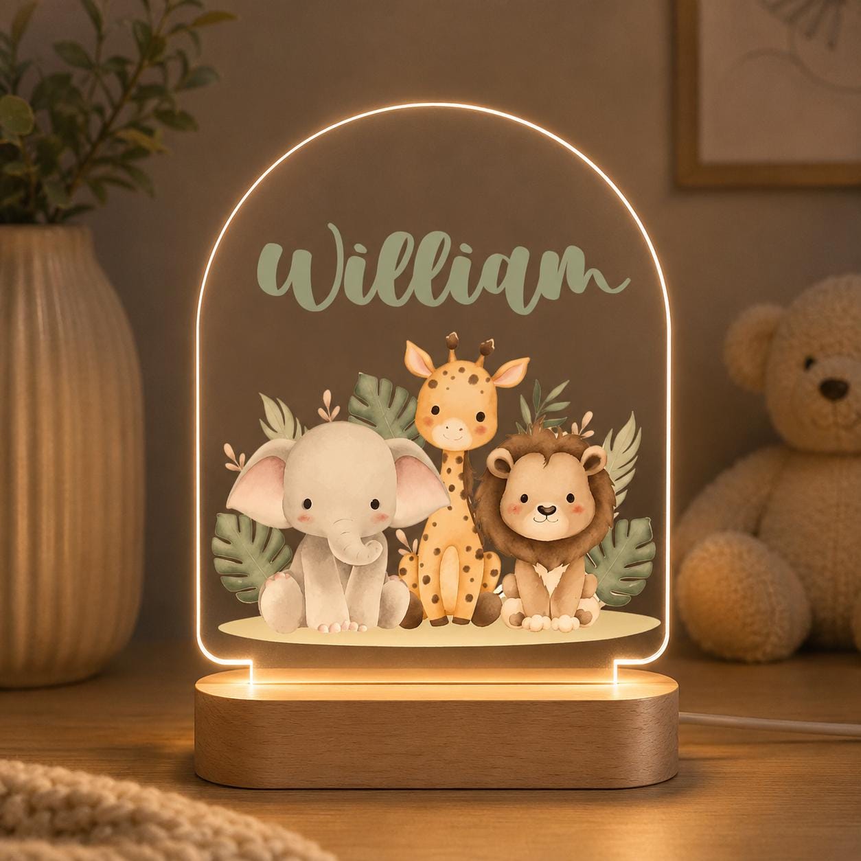 Personalized Safari Night Light, Custom Name Acrylic Lamp, Jungle Nursery Decor, Baby Shower Gift, Kids Room LED Light