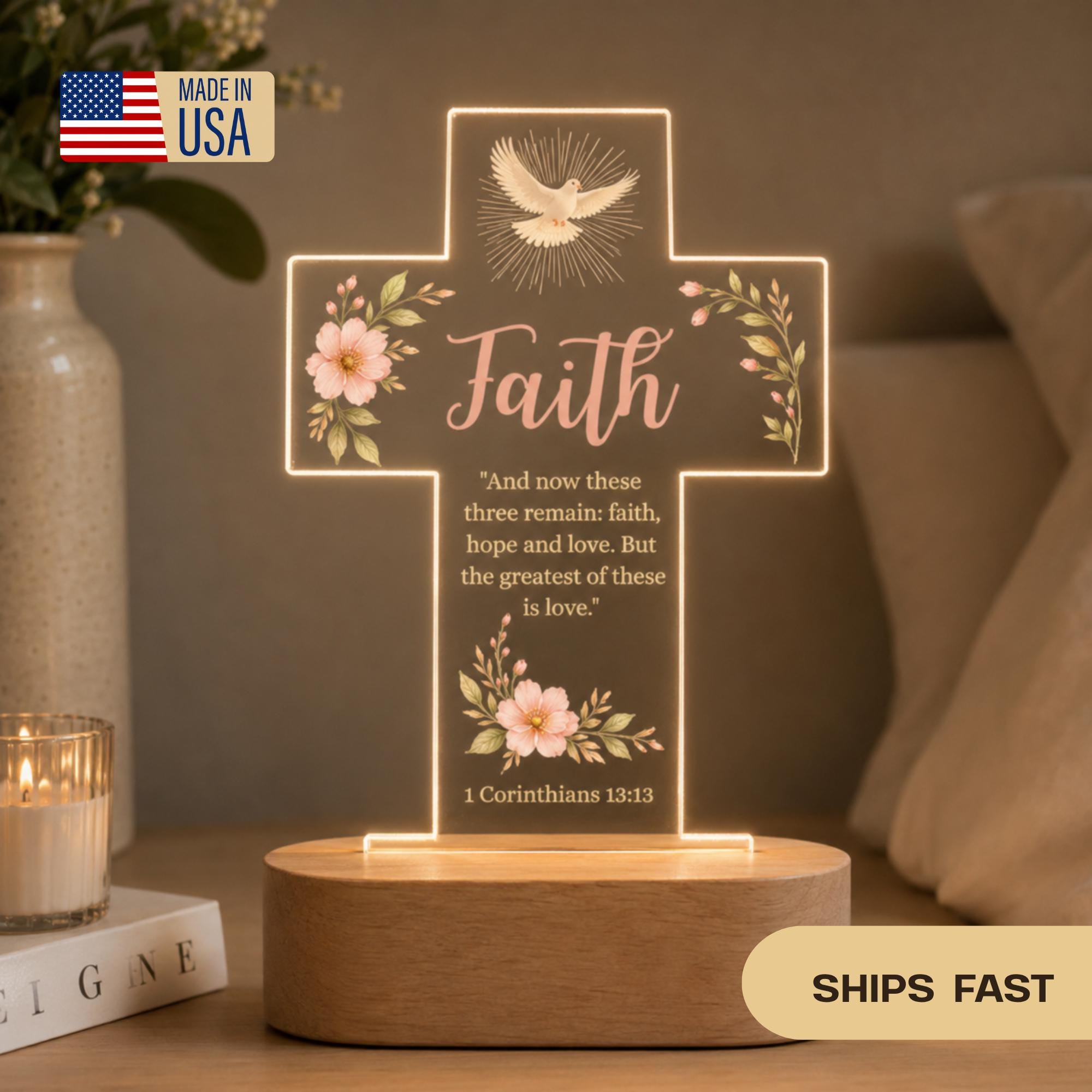 Christian Cross LED Night Light, Faith Hope Love Lamp, 1 Corinthians 13:13 Religious Gift, Baptism Gift, Warm White Decor, Gitf for Her