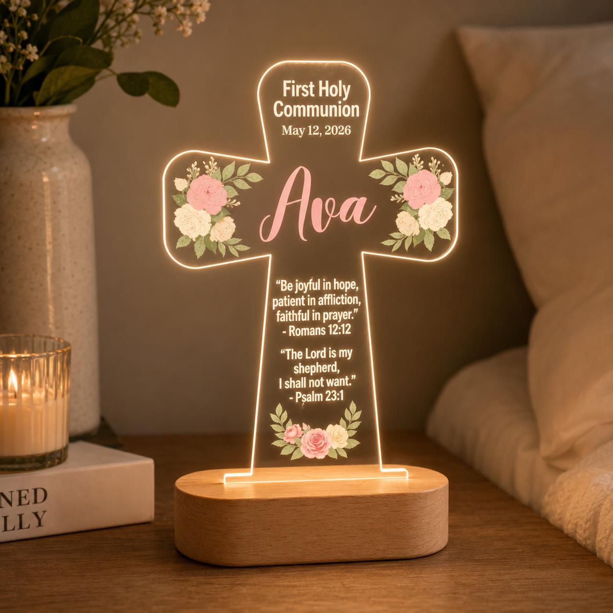Personalized First Communion Cross Lamp, Custom Name LED Night Light, Religious Gift for Girl or Boy, Holy Communion Keepsake