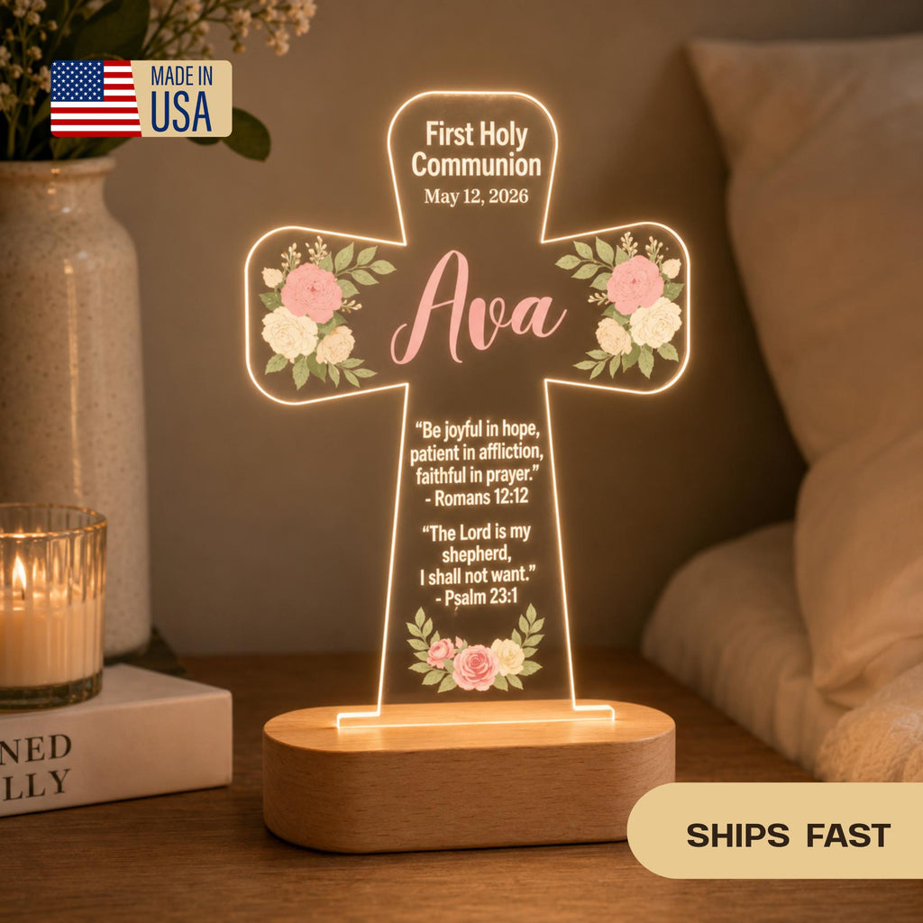 Personalized First Communion Cross Lamp, Custom Name LED Night Light, Religious Gift for Girl or Boy, Holy Communion Keepsake
