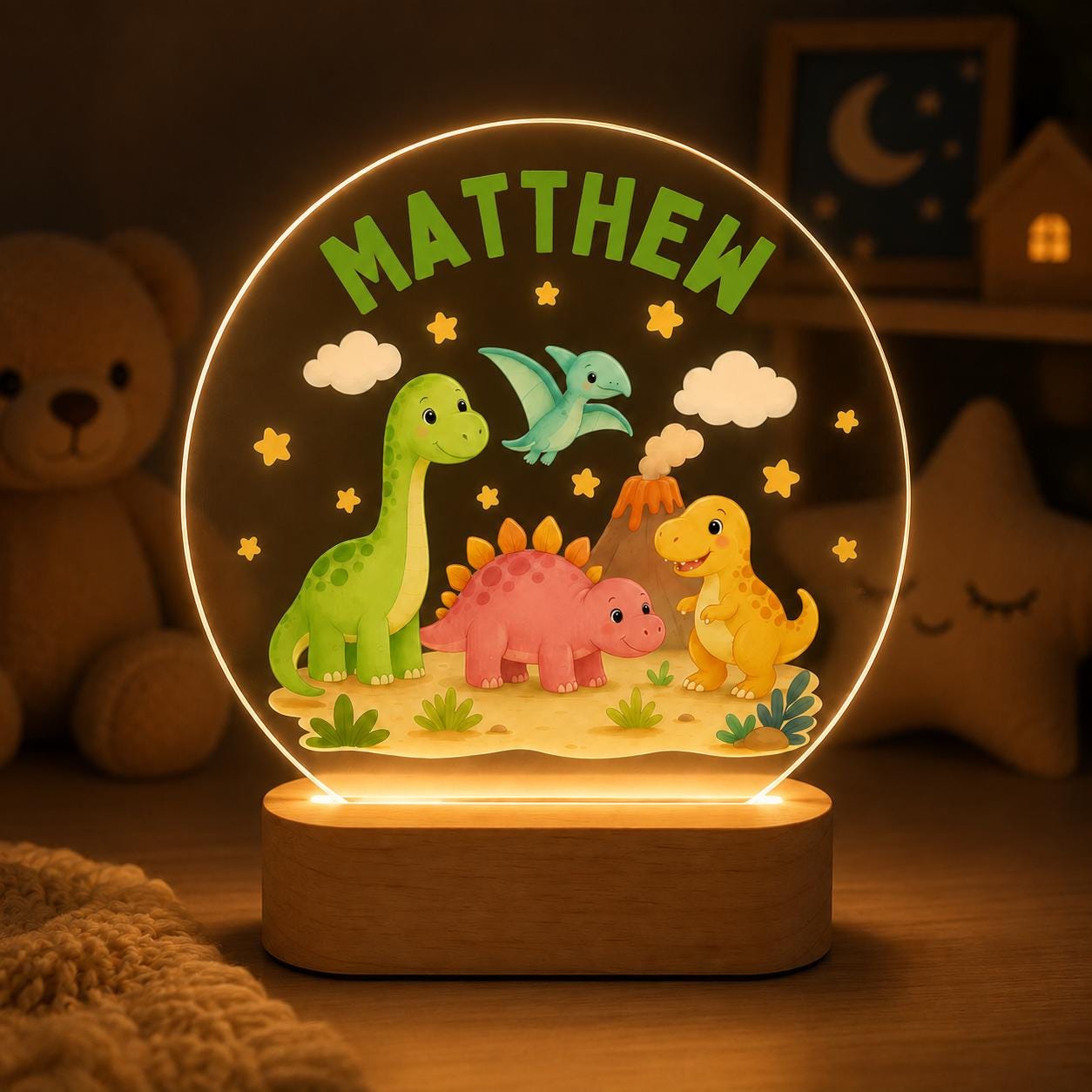 Personalized Dinosaur Night Light for Kids, Custom Name Acrylic Lamp, Dinosaur Nursery Decor, Boys Bedroom Light, Child Birthday Gift
