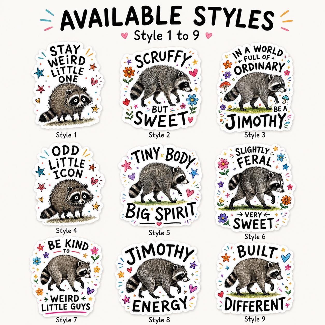 Viral Jimothy Raccoon Stickers Pack, 13 Funny & Cute Waterproof Raccoon Stickers, Viral Meme Animal Decals, 2 Inch Sticker Set