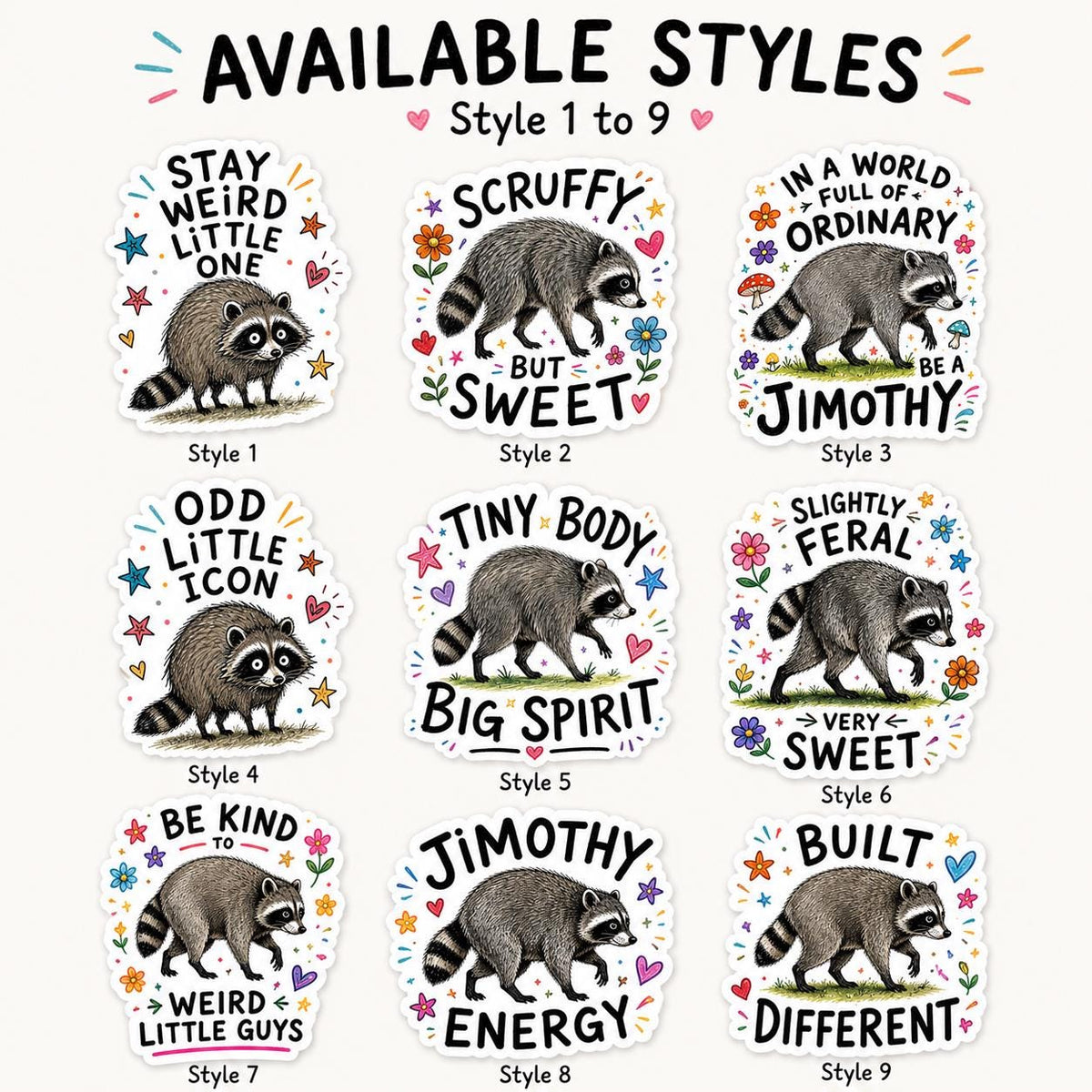 Viral Jimothy Raccoon Stickers Pack, 13 Funny & Cute Waterproof Raccoon Stickers, Viral Meme Animal Decals, 2 Inch Sticker Set