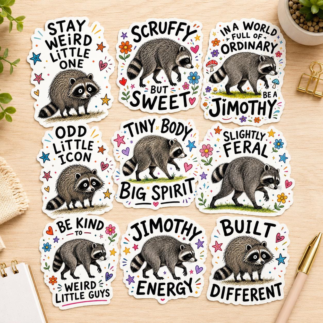 Viral Jimothy Raccoon Stickers Pack, 13 Funny & Cute Waterproof Raccoon Stickers, Viral Meme Animal Decals, 2 Inch Sticker Set