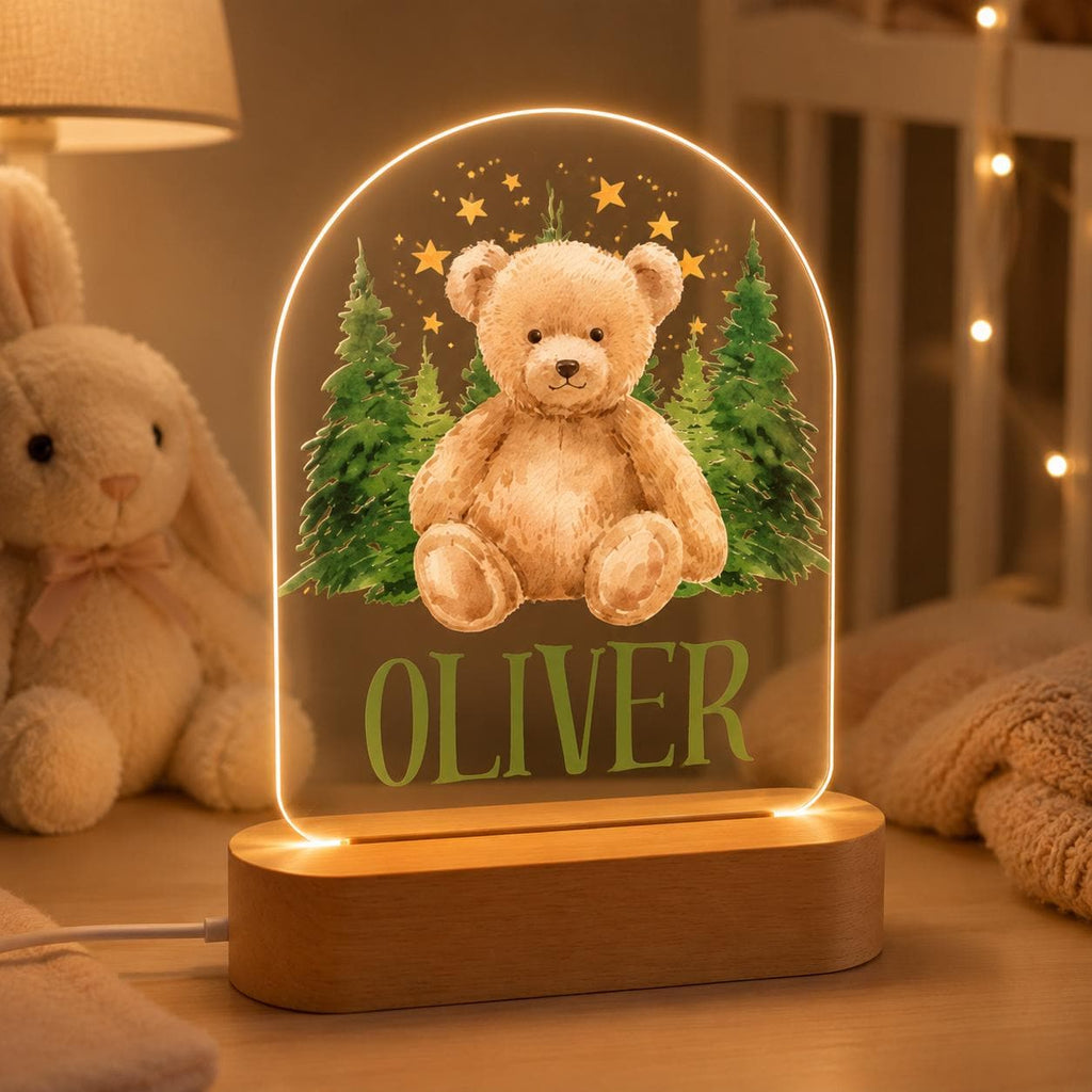Personalized Teddy Bear Night Light, Custom Woodland Nursery Lamp, Baby Boy Name LED Light, Forest Bear Decor, Baby Shower Gift