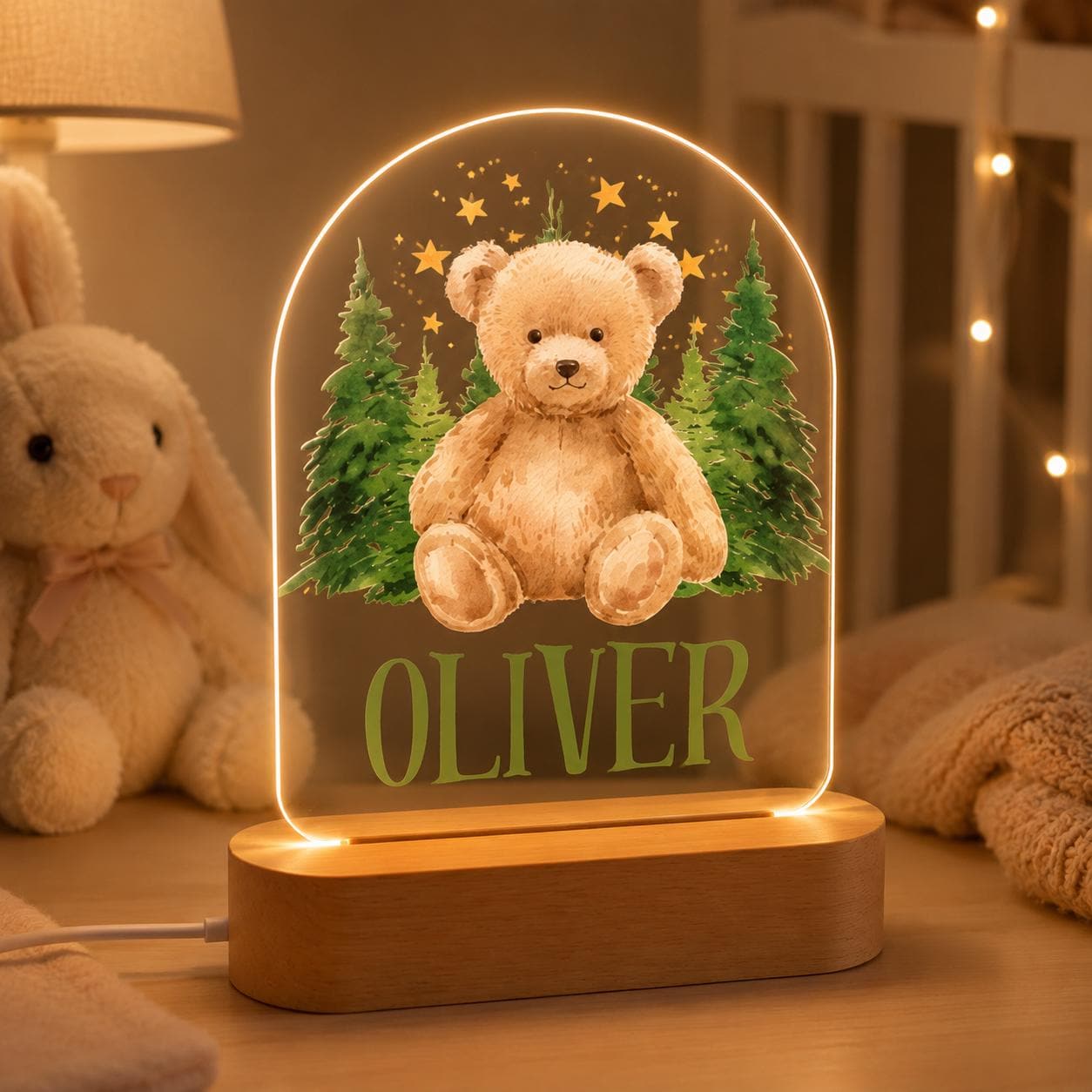 Personalized Teddy Bear Night Light, Custom Woodland Nursery Lamp, Baby Boy Name LED Light, Forest Bear Decor, Baby Shower Gift