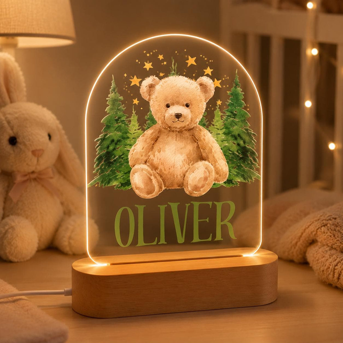 Personalized Teddy Bear Night Light, Custom Woodland Nursery Lamp, Baby Boy Name LED Light, Forest Bear Decor, Baby Shower Gift