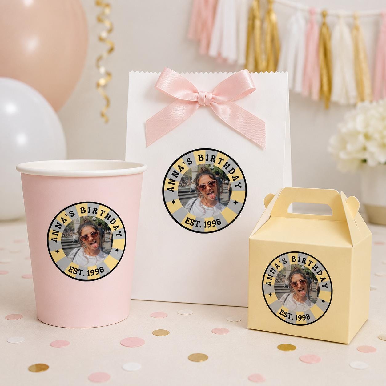 Waterproof Personalized Birthday Stickers, Custom Photo Stickers, Birthday Cup Stickers, Custom Cup Stickers, Party Favor Labels