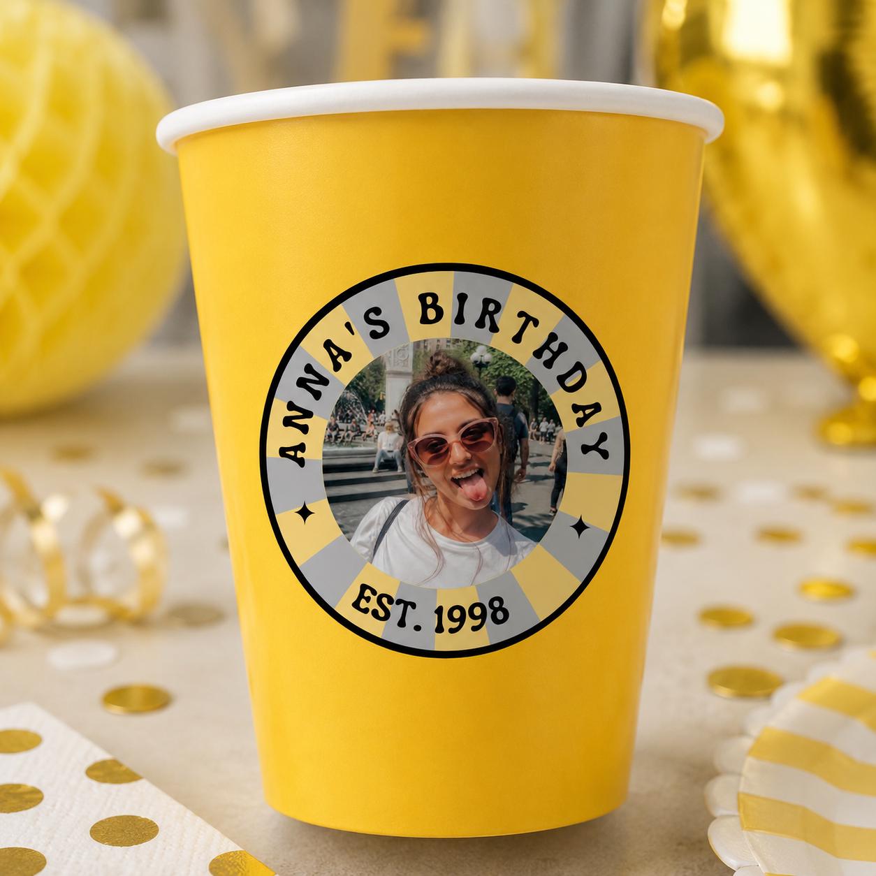 Waterproof Personalized Birthday Stickers, Custom Photo Stickers, Birthday Cup Stickers, Custom Cup Stickers, Party Favor Labels