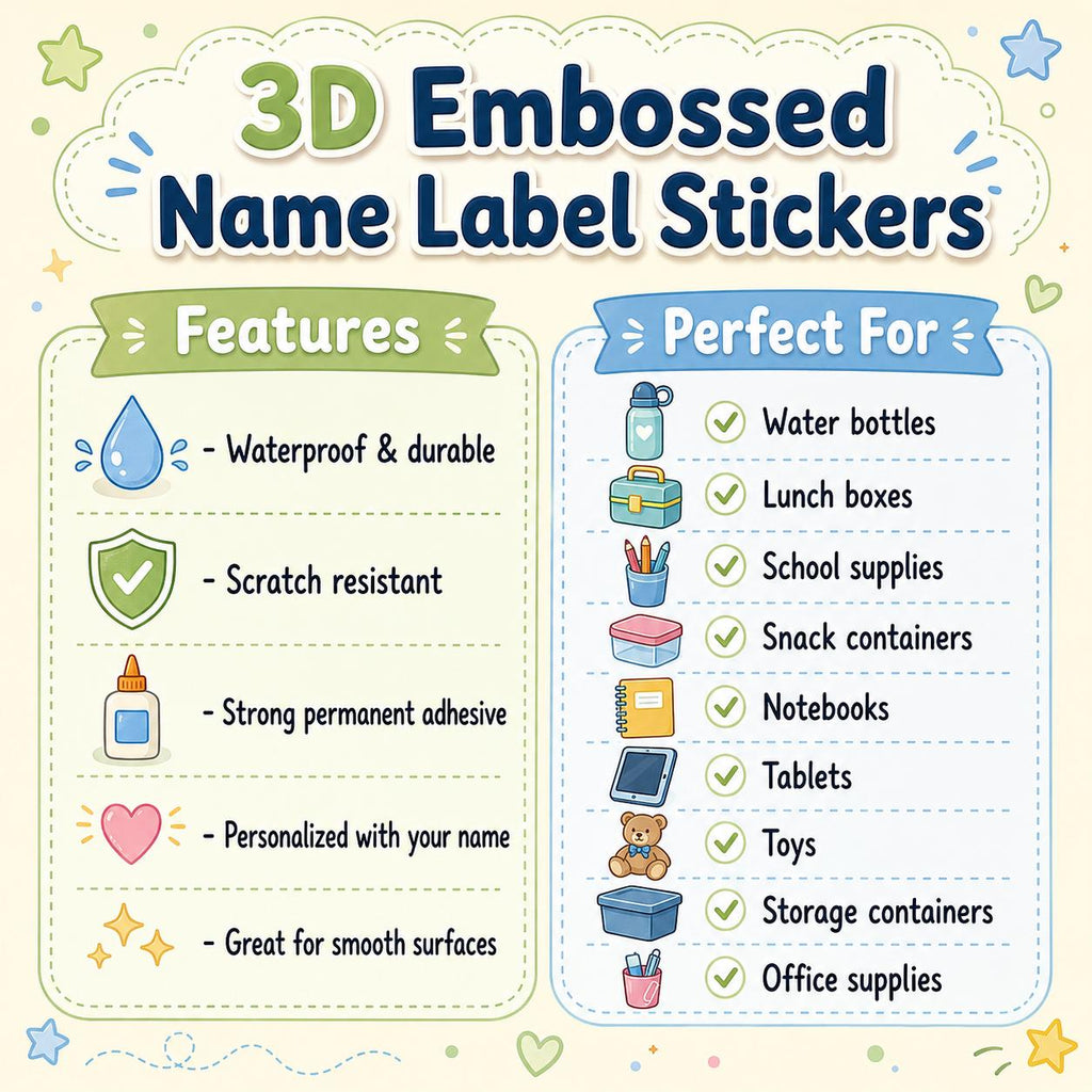 3D Embossed Name Label Stickers, Waterproof Kids School Labels, Water Bottle & Lunch Box Labels, Personalized UV DTF Name Stickers