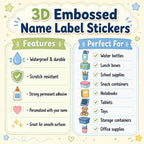 3D Embossed Name Label Stickers, Waterproof Kids School Labels, Water Bottle & Lunch Box Labels, Personalized UV DTF Name Stickers