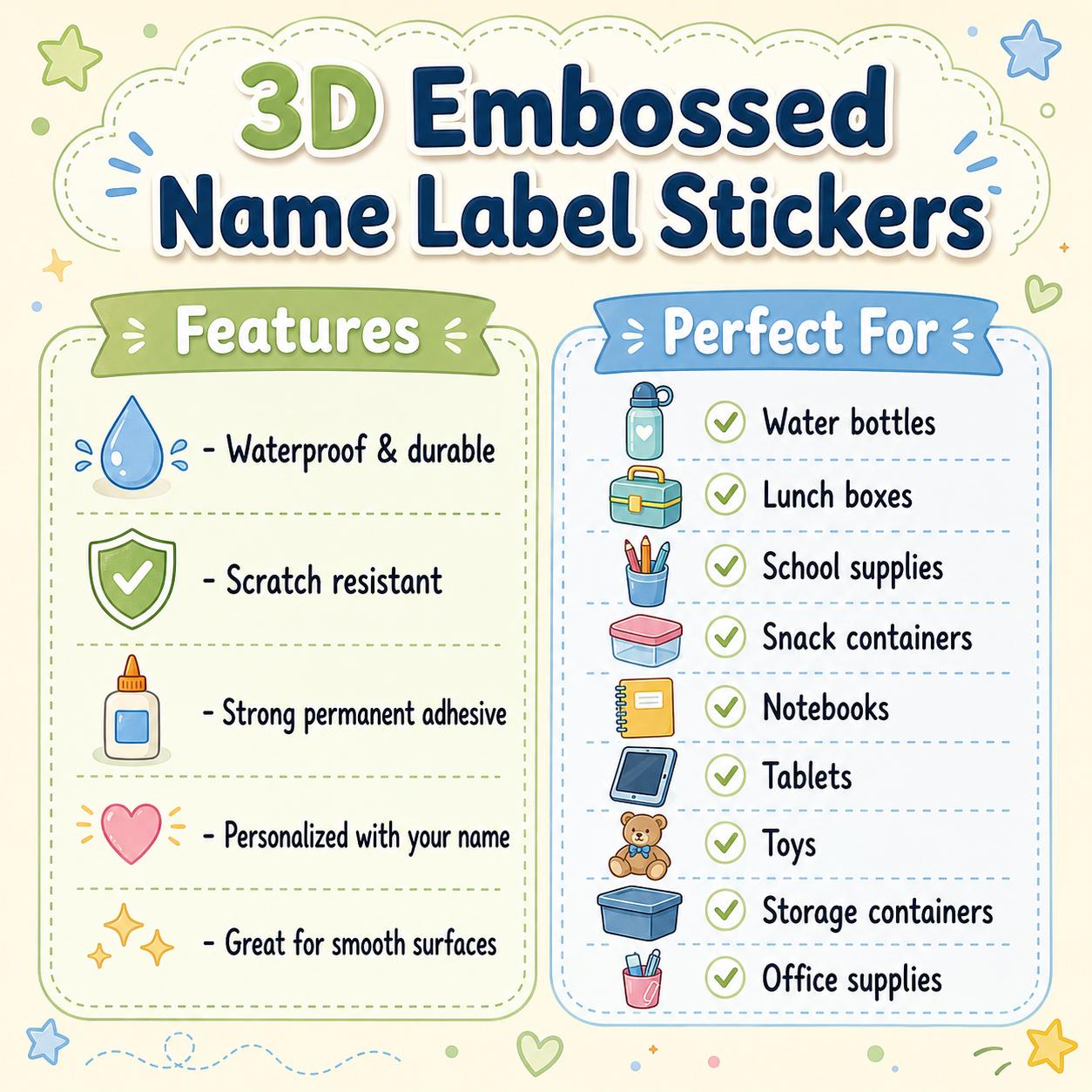 3D Embossed Name Label Stickers, Waterproof Kids School Labels, Water Bottle & Lunch Box Labels, Personalized UV DTF Name Stickers