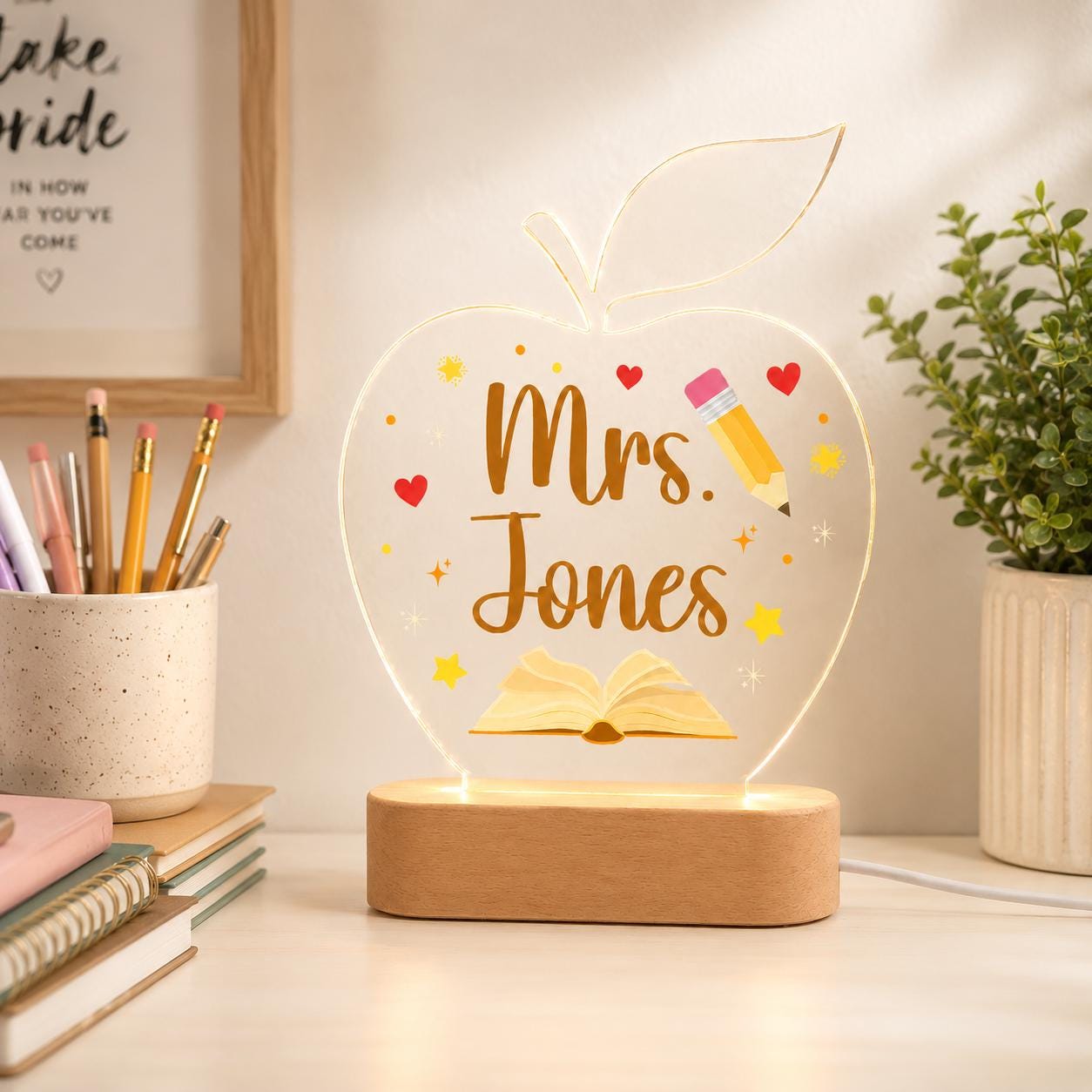 Personalized Teacher Apple Night Light, Custom Name Acrylic Lamp, Teacher Desk Decor, Classroom Gift, Back to School Gift