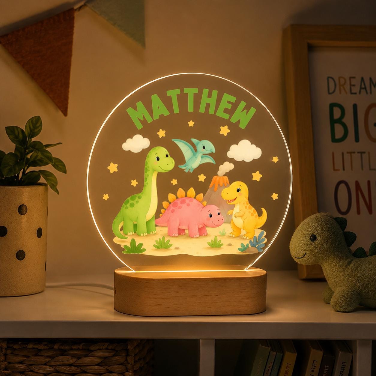 Personalized Dinosaur Night Light for Kids, Custom Name Acrylic Lamp, Dinosaur Nursery Decor, Boys Bedroom Light, Child Birthday Gift