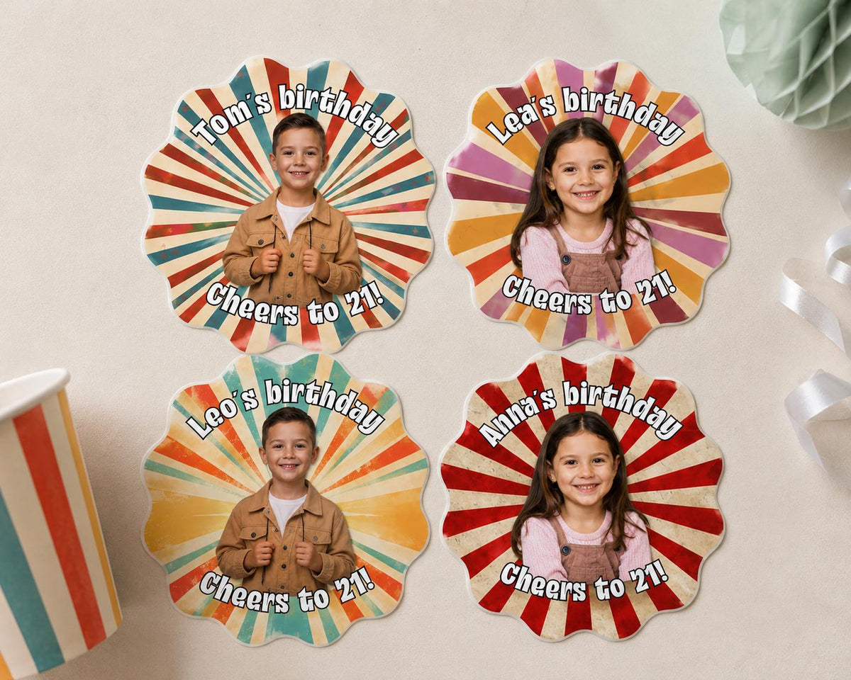 Personalized Birthday Stickers with Photo, Custom Birthday Stickers, Retro Party Favor Labels, Cup Stickers, Custom Photo Stickers