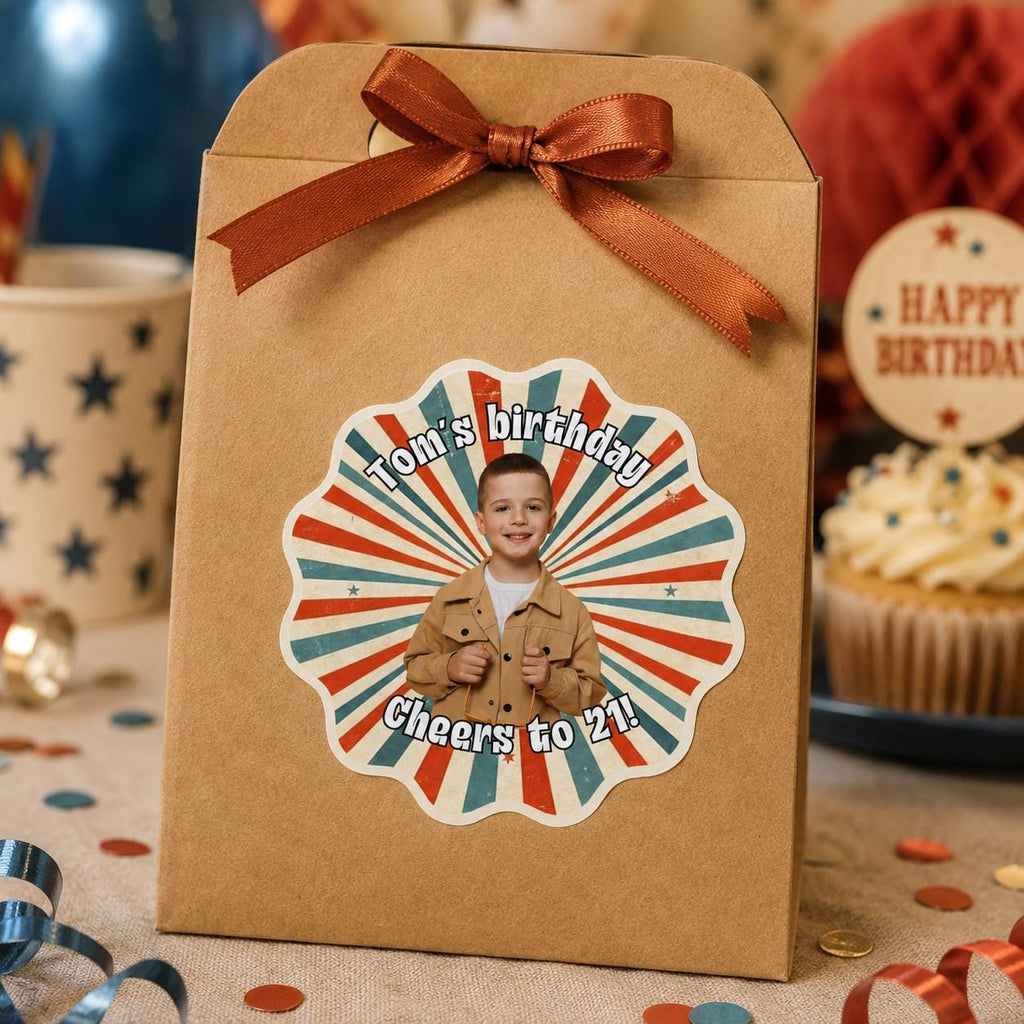 Personalized Birthday Stickers with Photo, Custom Birthday Stickers, Retro Party Favor Labels, Cup Stickers, Custom Photo Stickers