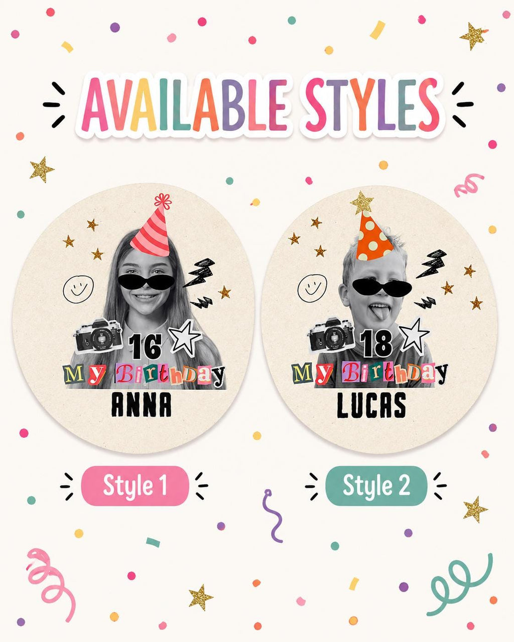 Personalized Birthday Photo Stickers, Custom Face Birthday Stickers, Retro Birthday Stickers, Custom Party Favor Stickers, Cup Stickers