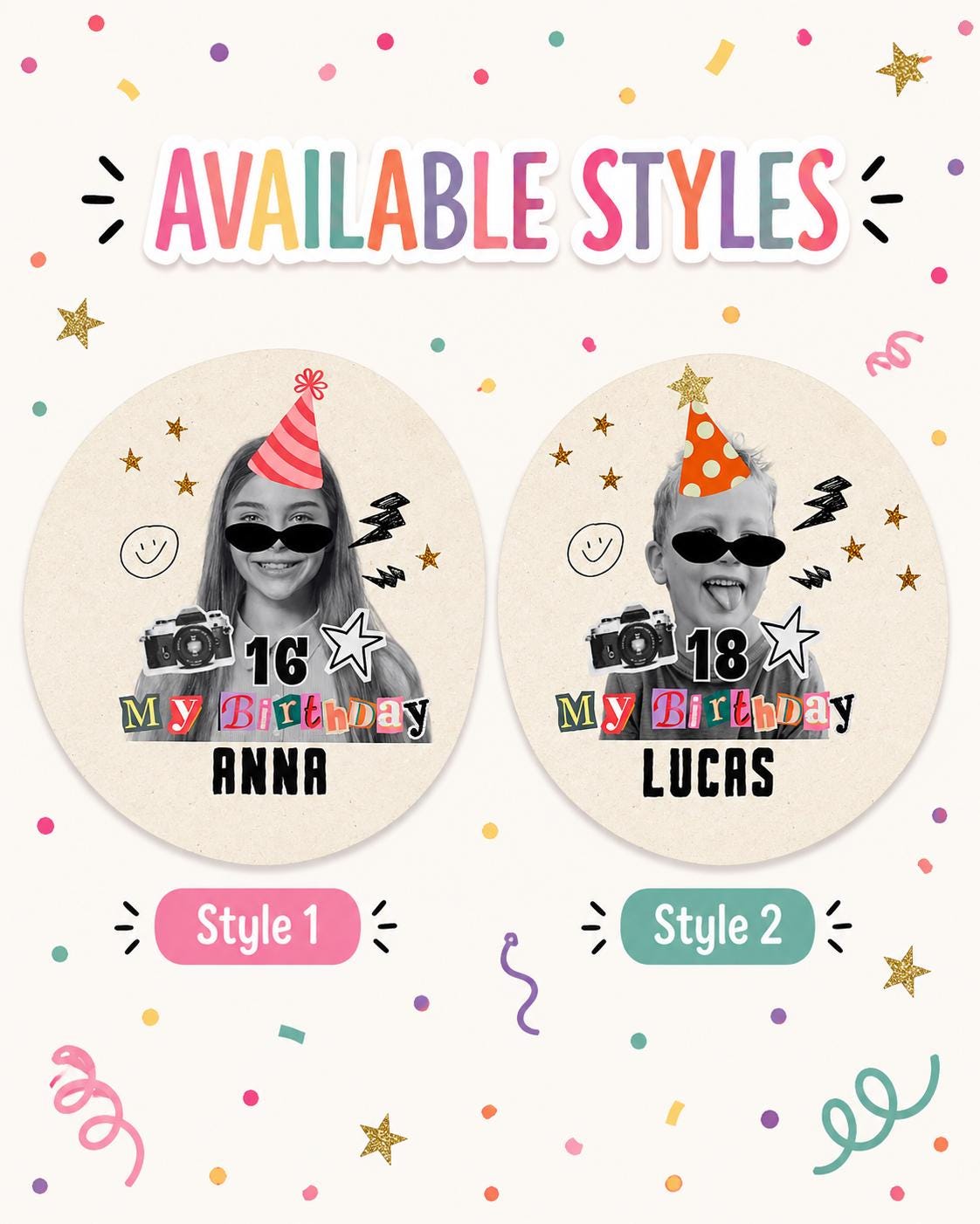 Personalized Birthday Photo Stickers, Custom Face Birthday Stickers, Retro Birthday Stickers, Custom Party Favor Stickers, Cup Stickers