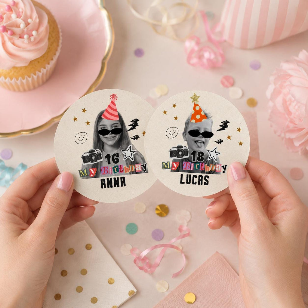 Personalized Birthday Photo Stickers, Custom Face Birthday Stickers, Retro Birthday Stickers, Custom Party Favor Stickers, Cup Stickers