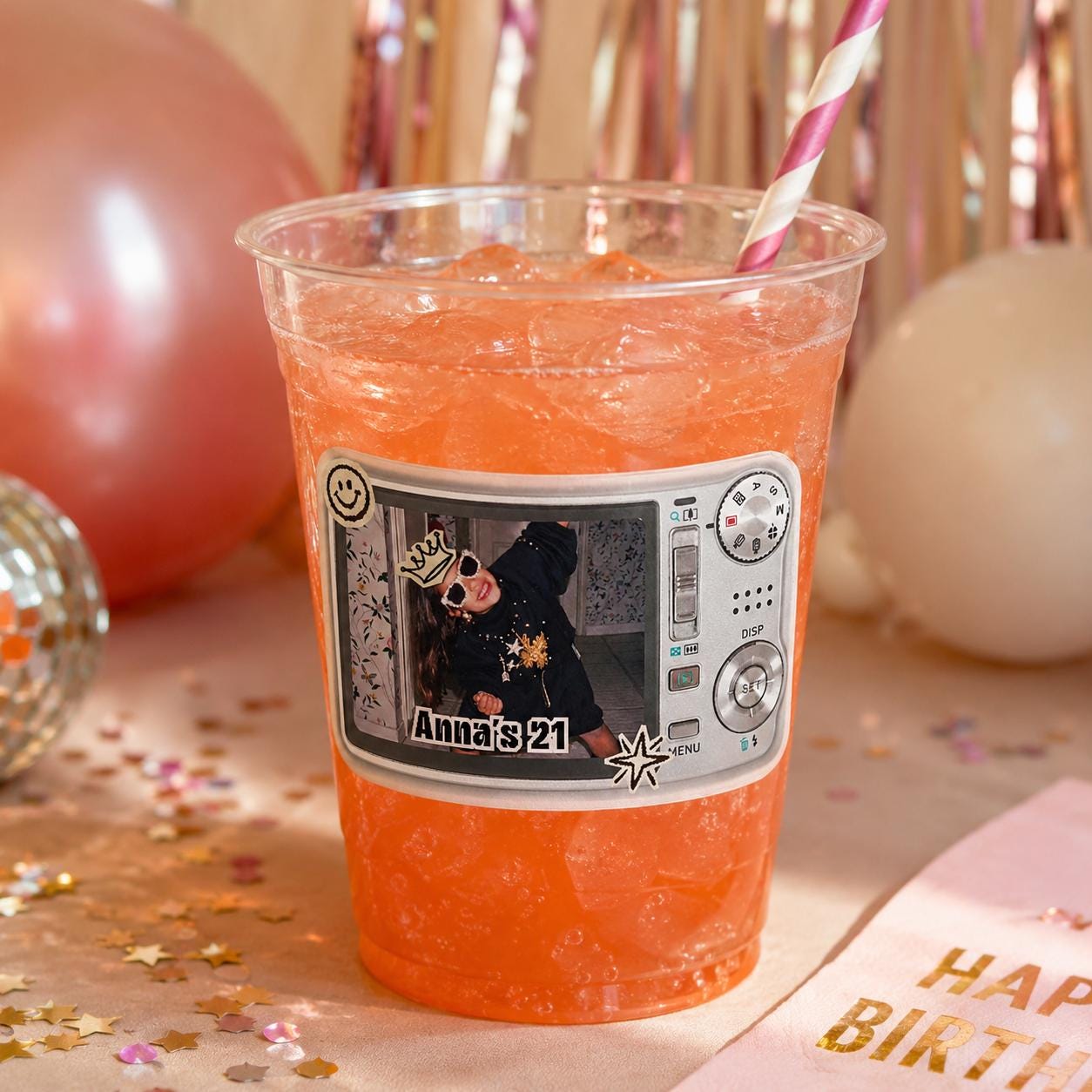 Personalized Retro Birthday Stickers, Custom Photo Birthday Stickers, Birthday Cup Stickers, Party Favor Stickers