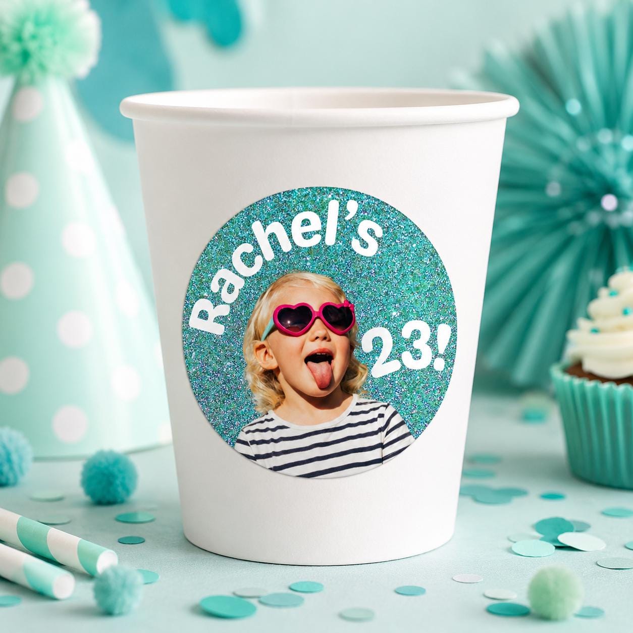 Personalized Glitter Birthday Stickers, Custom Photo Birthday Stickers, Name & Age Party Stickers, Custom Cup Stickers, Party Favor Labels