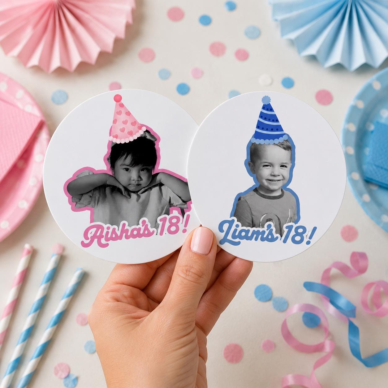 Personalized Birthday Photo Stickers, Custom Black and White Photo Stickers, Name & Age Birthday Stickers, Custom Party Favor Stickers