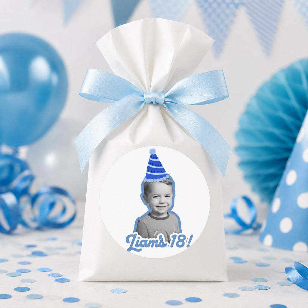 Personalized Birthday Photo Stickers, Custom Black and White Photo Stickers, Name & Age Birthday Stickers, Custom Party Favor Stickers