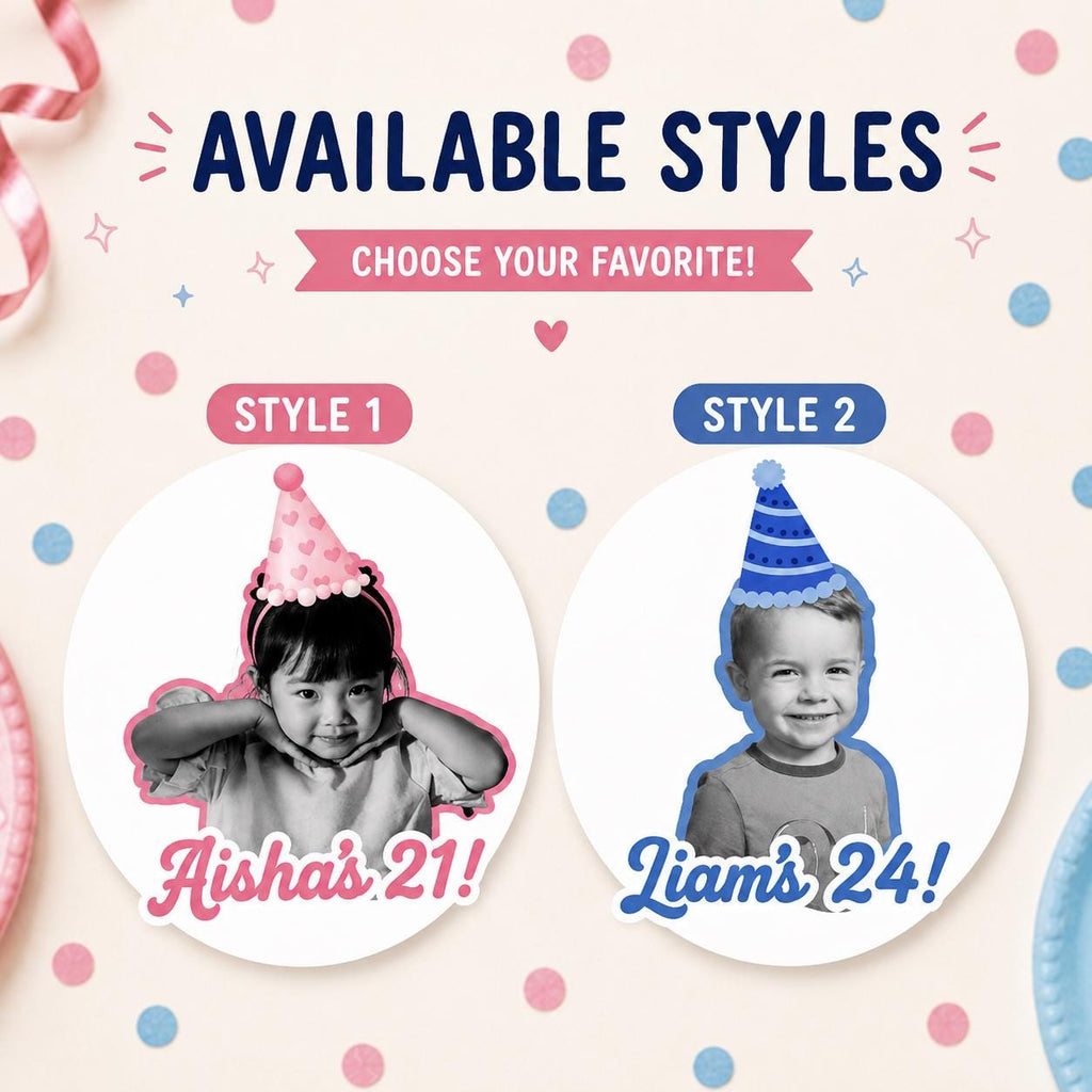 Personalized Birthday Photo Stickers, Custom Black and White Photo Stickers, Name & Age Birthday Stickers, Custom Party Favor Stickers