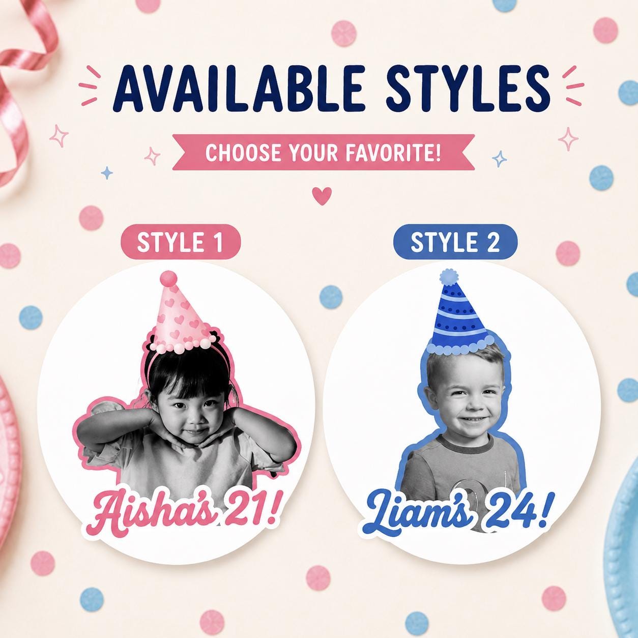 Personalized Birthday Photo Stickers, Custom Black and White Photo Stickers, Name & Age Birthday Stickers, Custom Party Favor Stickers