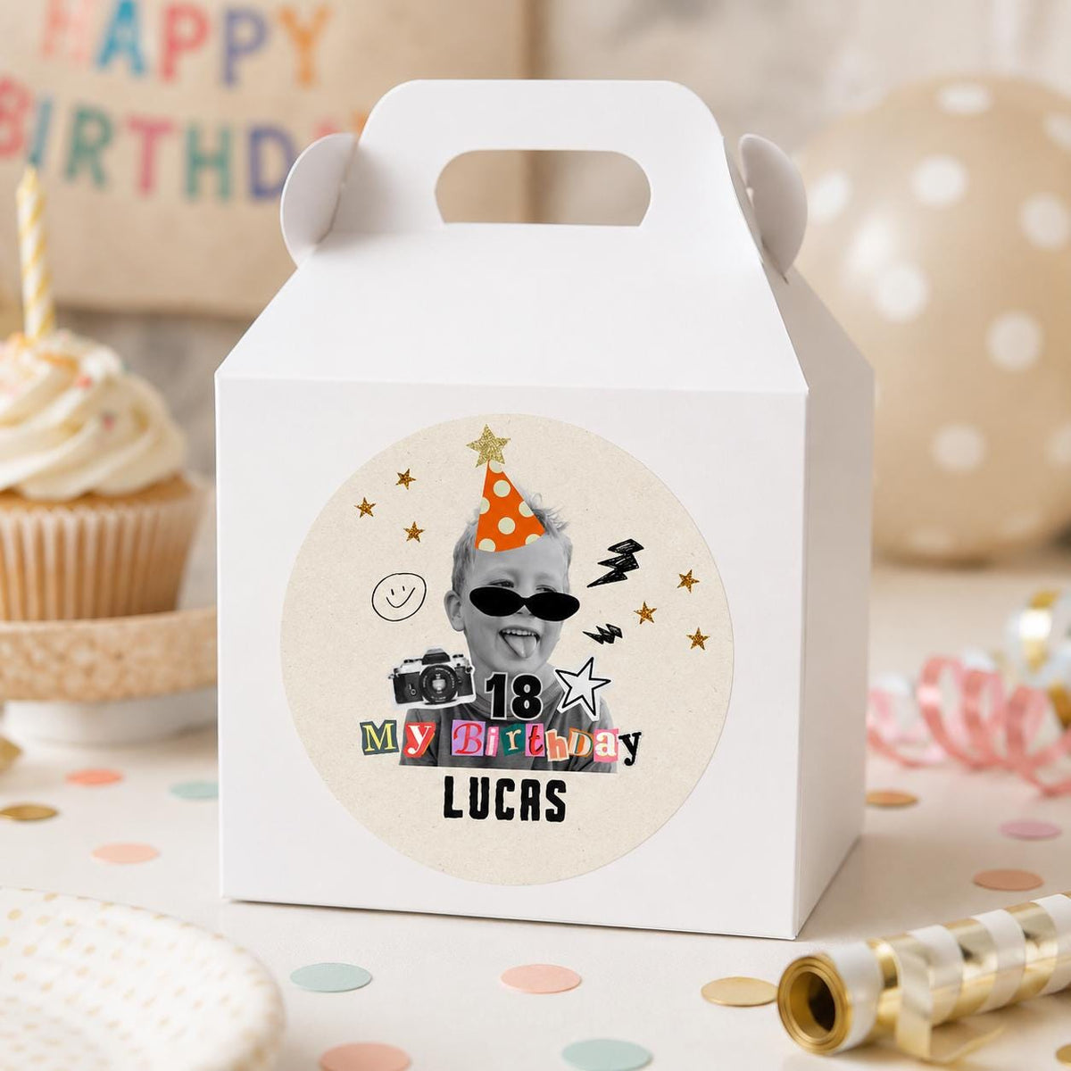 Personalized Birthday Photo Stickers, Custom Face Birthday Stickers, Retro Birthday Stickers, Custom Party Favor Stickers, Cup Stickers