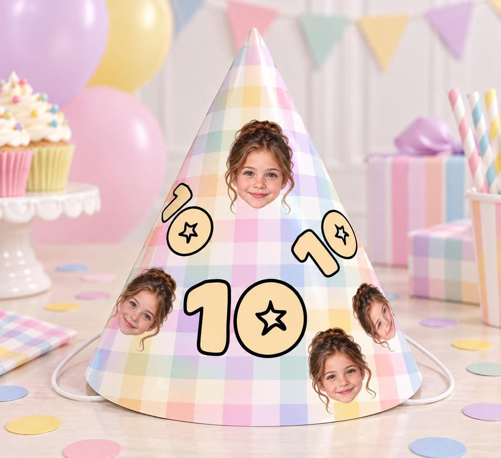 Personalized Photo Birthday Party Hats, Custom Face Party Hat, Age Birthday Hats, Gingham Party Hat, Kids & Adult Birthday Decor