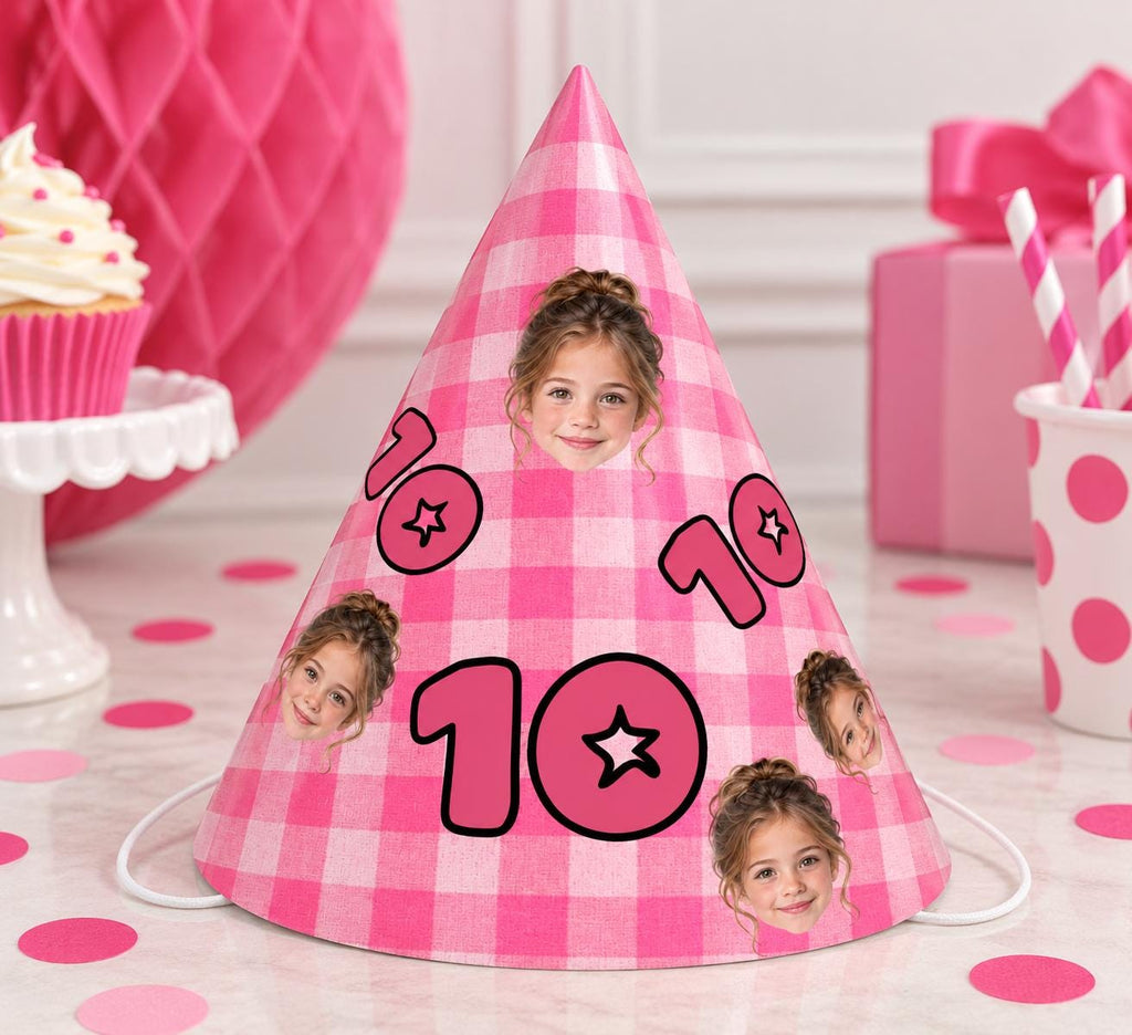 Personalized Photo Birthday Party Hats, Custom Face Party Hat, Age Birthday Hats, Gingham Party Hat, Kids & Adult Birthday Decor