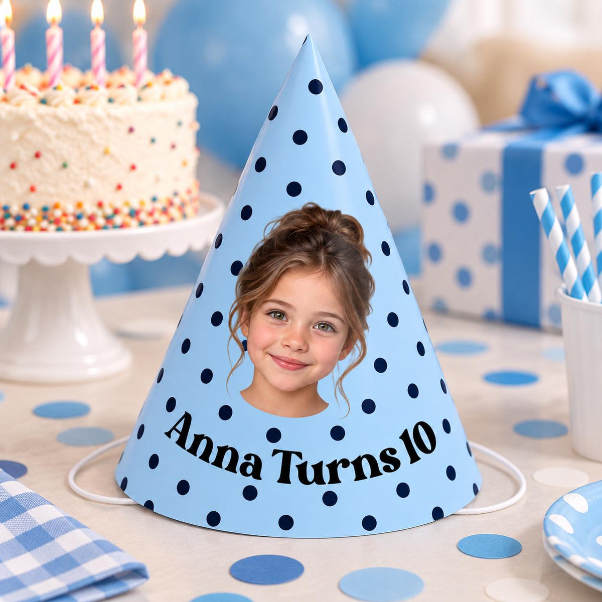 Personalized Photo Birthday Party Hats, Custom Face Party Hat, Name and Age Birthday Hat, Polka Dot Party Hats, Birthday Party Decor