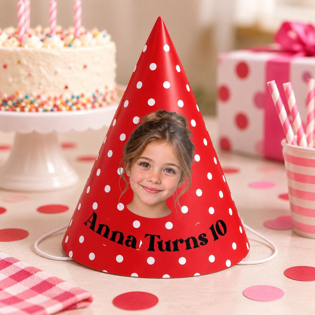 Personalized Photo Birthday Party Hats, Custom Face Party Hat, Name and Age Birthday Hat, Polka Dot Party Hats, Birthday Party Decor