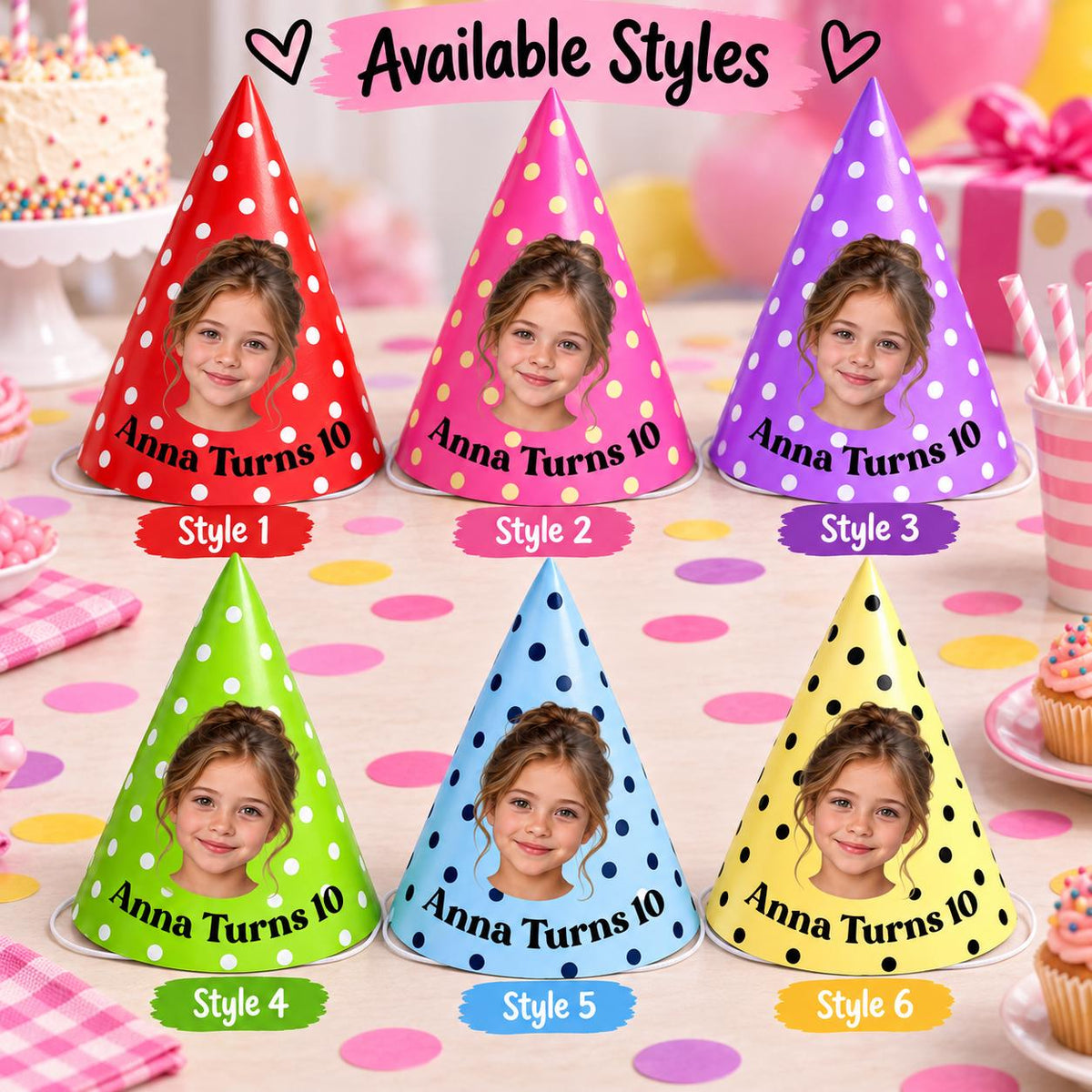 Personalized Photo Birthday Party Hats, Custom Face Party Hat, Name and Age Birthday Hat, Polka Dot Party Hats, Birthday Party Decor