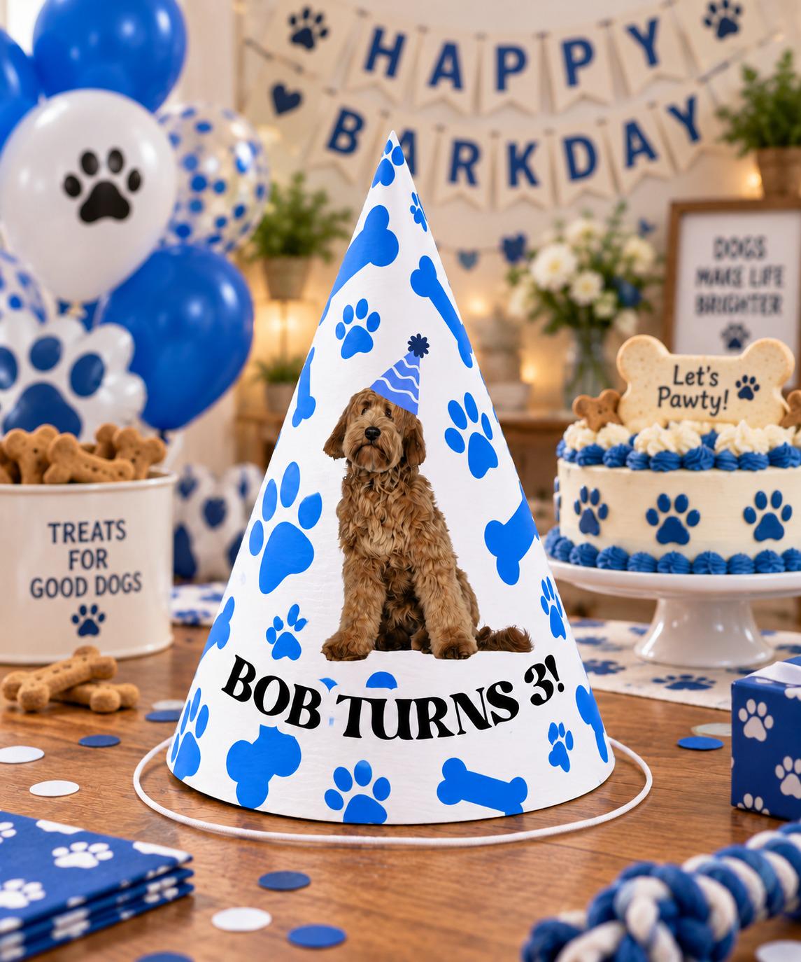 Custom Dog Birthday Party Hats, Personalized Barkday Hat with Pet Photo, Puppy Birthday Party Hat, Dog Theme Birthday Decor