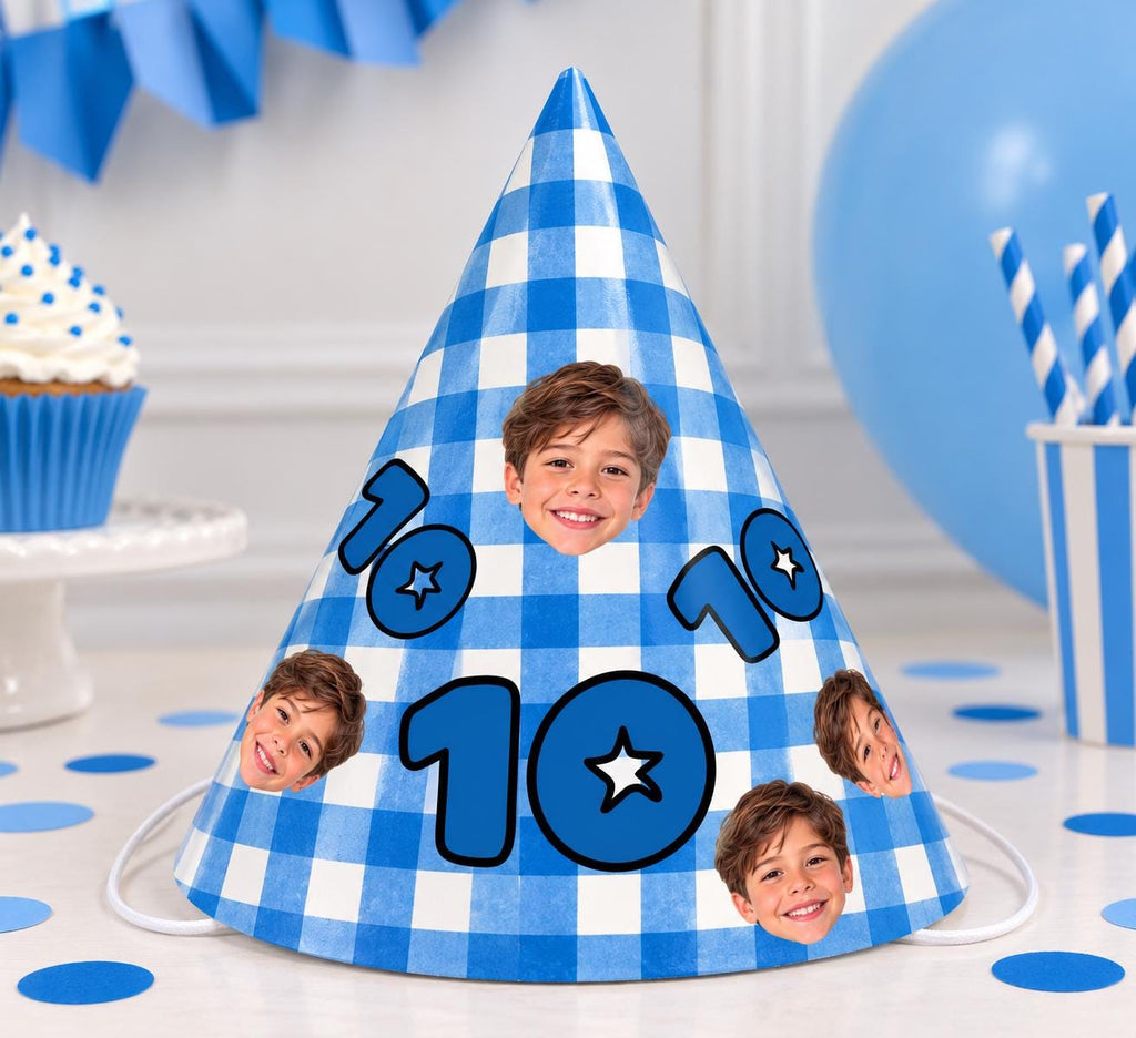 Personalized Photo Birthday Party Hats, Custom Face Party Hat, Age Birthday Hats, Gingham Party Hat, Kids & Adult Birthday Decor