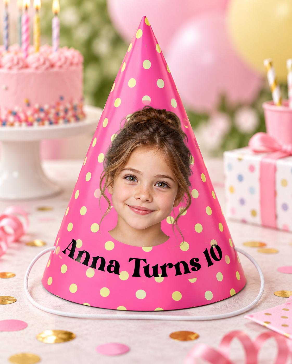 Personalized Photo Birthday Party Hats, Custom Face Party Hat, Name and Age Birthday Hat, Polka Dot Party Hats, Birthday Party Decor