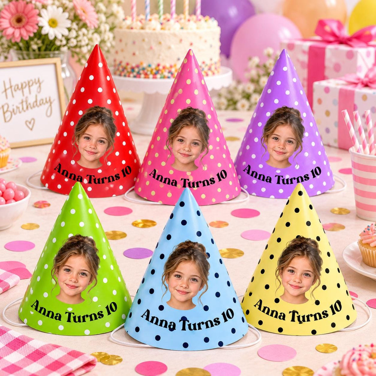 Personalized Photo Birthday Party Hats, Custom Face Party Hat, Name and Age Birthday Hat, Polka Dot Party Hats, Birthday Party Decor
