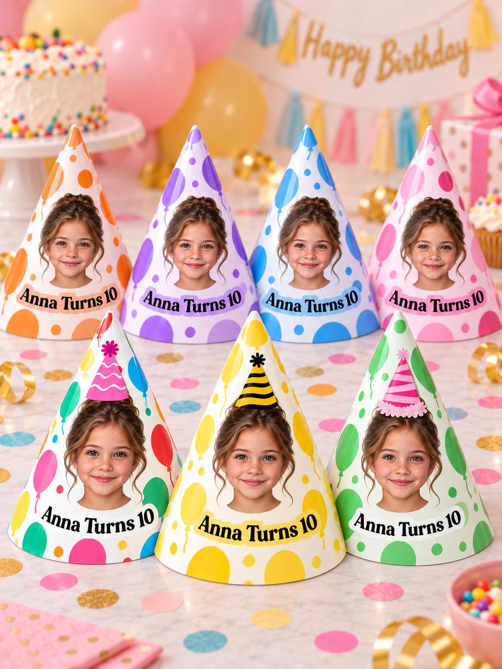 Personalized Birthday Party Hats with Photo, Custom Face Party Hat, Balloon Birthday Hat, Kids & Adult Cone Hat, Birthday Party Decor